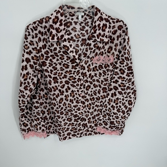 TART INTIMATES Leopard Print Pajama Set Size M women Pants Top Brown Pink Lace - Picture 2 of 7